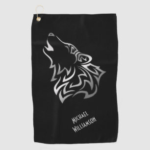 Serviette De Golf Monogramme noir et argent de la tribu des loups hu
