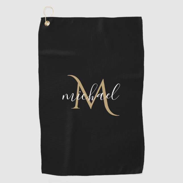 Serviette De Golf Monogramme noir et or Elégant luxe (Devant)