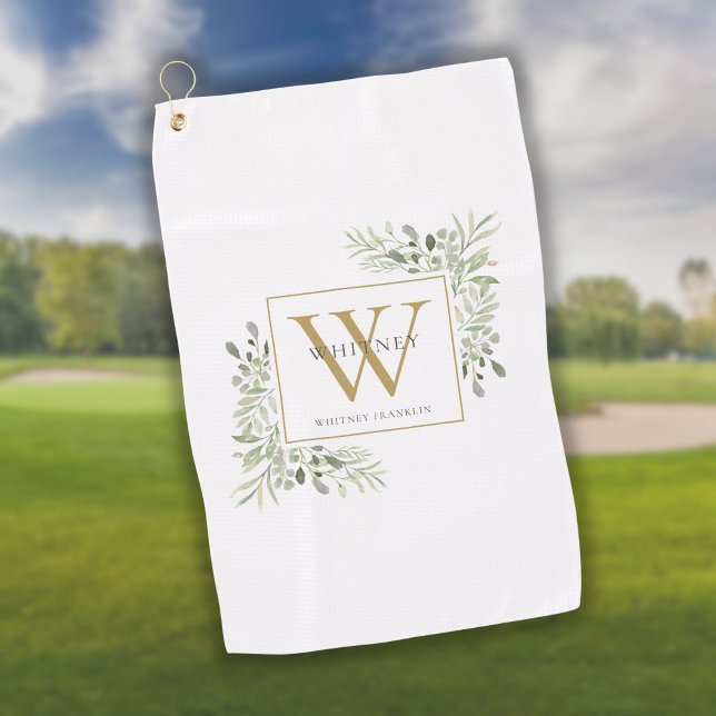 Serviette De Golf Monogramme Or Élégant Vert Moderne (Créateur téléchargé)