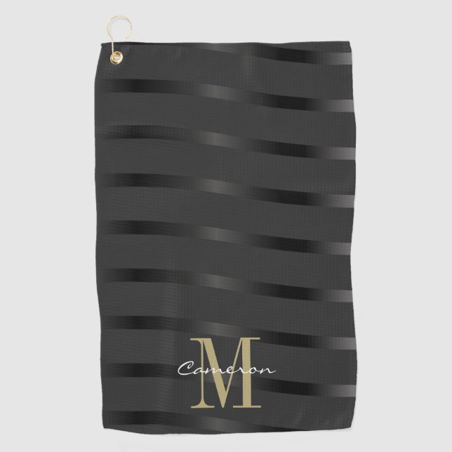 Serviette De Golf Monogramme or initial et nom sur noir (Devant)