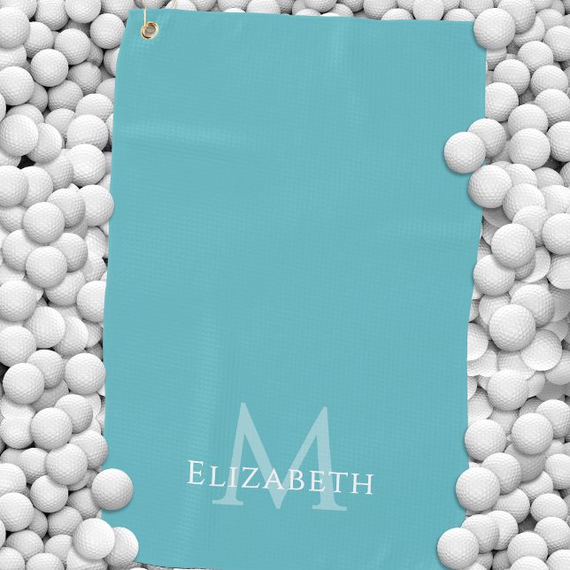 Serviette De Golf Monogramme personnalisé avec initiale du nom en ve (Monogram Name Initial Elegant Teal Green Custom Golf Towel)