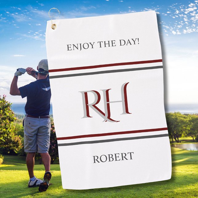 Serviette De Golf Monogramme personnalisé et nom blanc gris rouge (Créateur téléchargé)