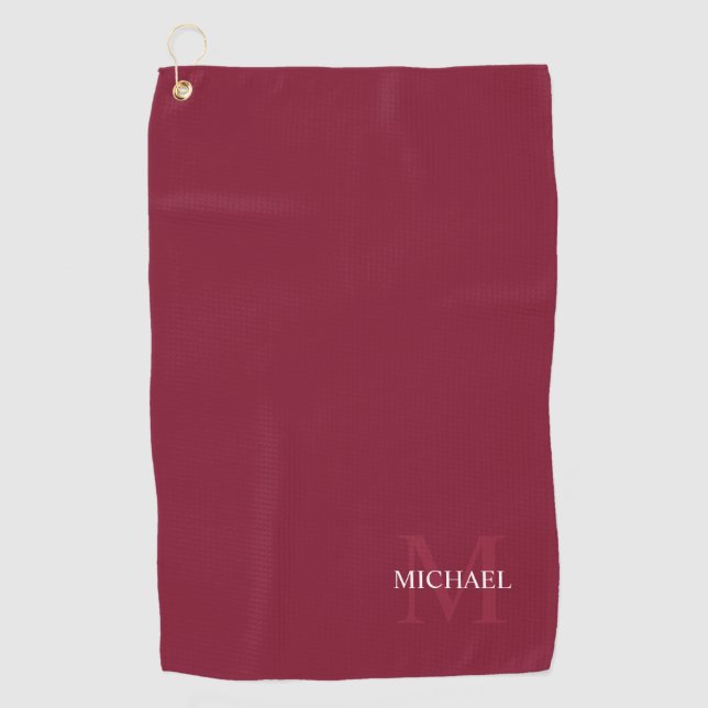 Serviette De Golf Monogramme personnalisé et nom Rouge bordeaux (Devant)
