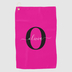 Serviette De Golf Monogramme personnalisé Nom du script rose noir bl