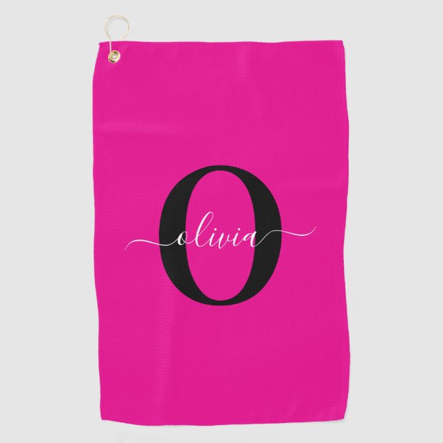 Serviette De Golf Monogramme personnalisé Nom du script rose noir bl (Devant)