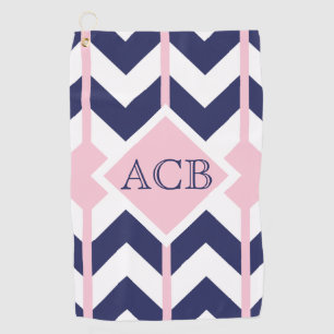 Serviette De Golf Monogramme Preppy Navy et Pink Chevron Ladies