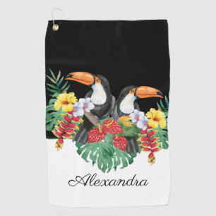 Serviette De Golf Monogramme tropical toucan noir et blanc Nom
