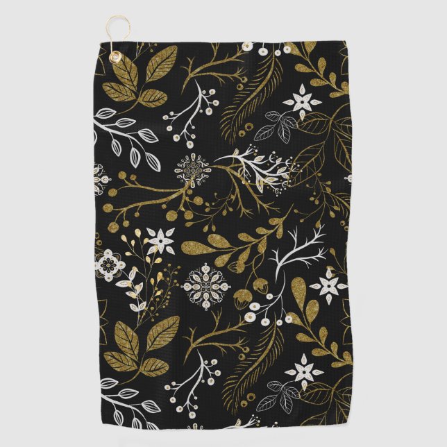 Serviette De Golf Motif floral complexe avec or et blanc  (Devant)