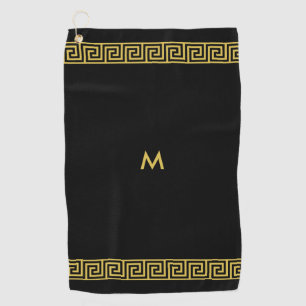 Serviette De Golf Motif grec doré élégant et monogramme sur fond noi