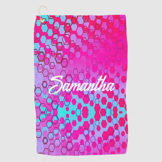 Serviette De Golf Motif hexagone dégradé rose et bleu (Devant)