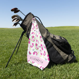Serviette De Golf Motif tropical, Flamants roses, Fleurs, Votre Nom