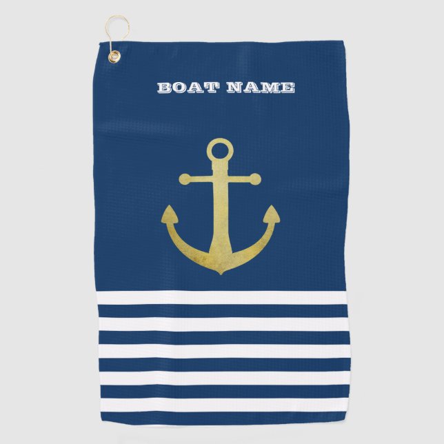 Serviette De Golf Nautical, Gold Anchor Navy Blue Striped (Devant)