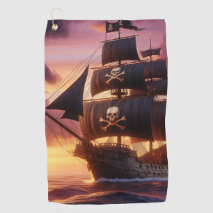 Serviette De Golf Navire pirate au lever/coucher du soleil