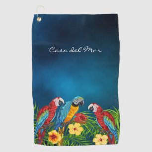 Serviette De Golf Navy blue parrots tropical house name