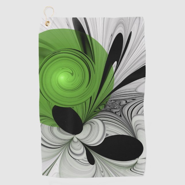 Serviette De Golf Noir Abstrait et blanc avec art fractal vert (Devant)