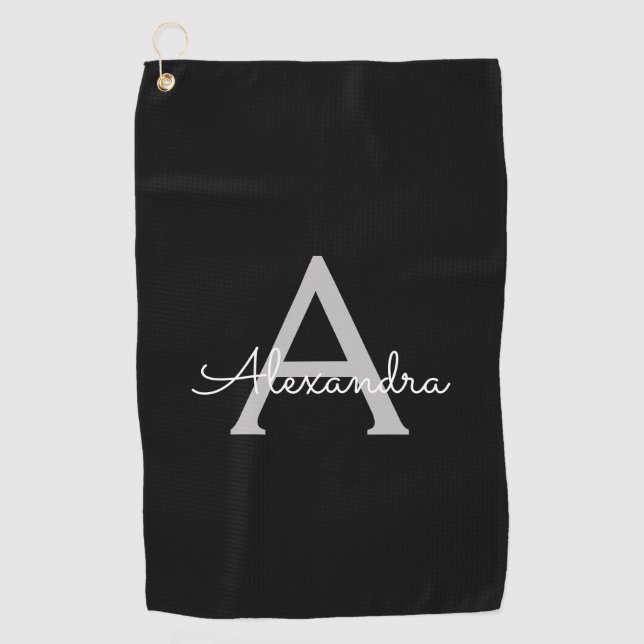 Serviette De Golf Noir Argent moderne Script Girl Monogramme Nom (Devant)