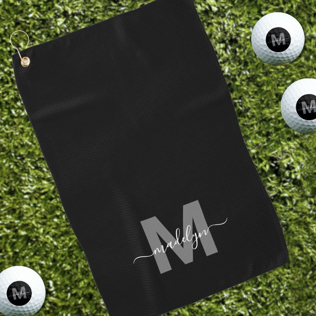 Serviette De Golf Noir Blanc Initial Monogramme Nom (Black White Initial Name Monogram Golf Towel)
