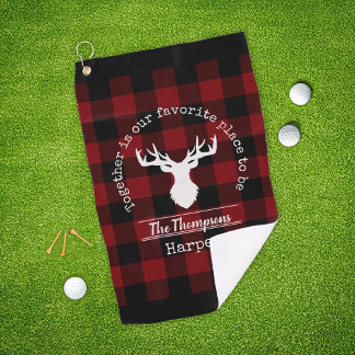 Serviette De Golf Nom de famille de cerf à carreaux rouge et noir de