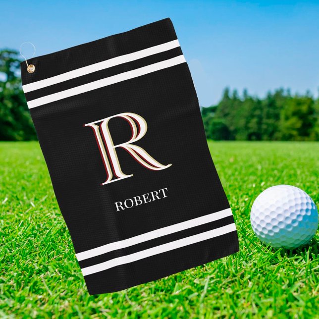Serviette De Golf Nom de monogramme personnalisé noir élégant (Créateur téléchargé)