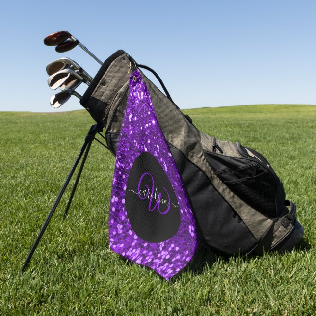 Serviette De Golf Nom de parties scintillant violet monogramme éléga (Vert)