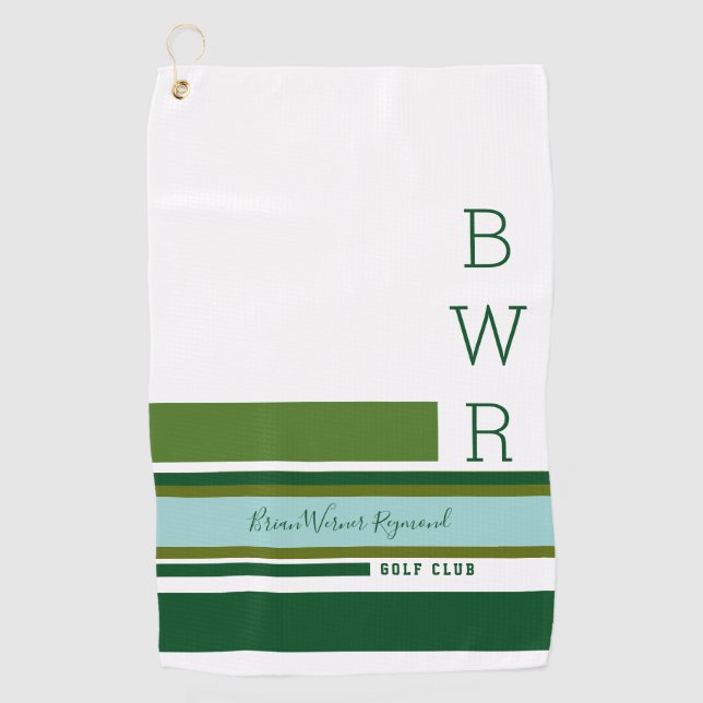 Serviette De Golf nom du golfplayer et initiales bandes vertes (Devant)