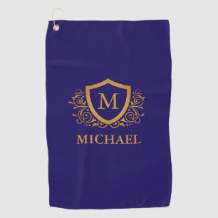Serviette De Golf Nom du monogramme personnalisé bleu et or de la ma