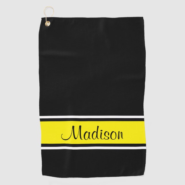 Serviette De Golf Nom du script de bande jaune vif noir (Devant)