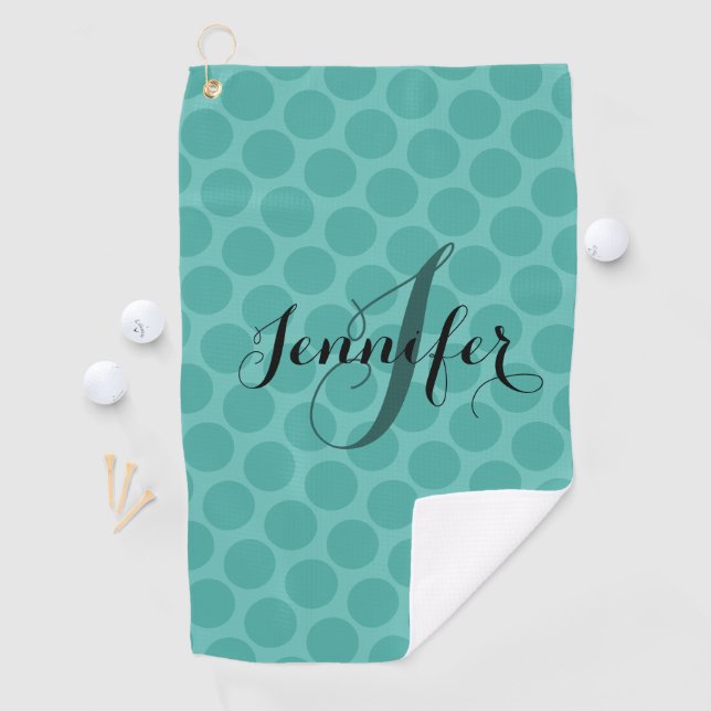 Serviette De Golf Nom du script de point Polka Turquoise classique (En situation)