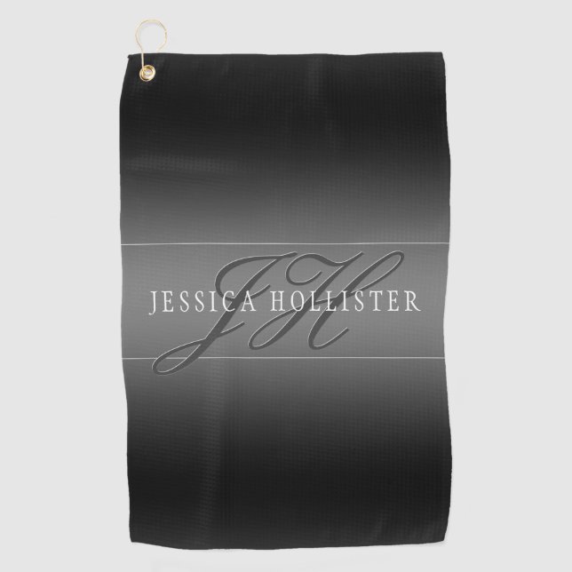 Serviette De Golf Nom élégant et Initiales monogrammes | Noir et gri (Devant)