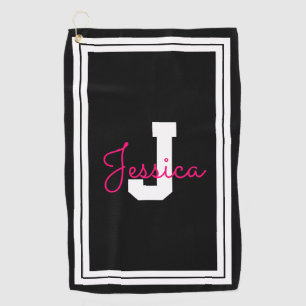 Serviette De Golf Nom et monogramme encadrés   Blanc noir et rose