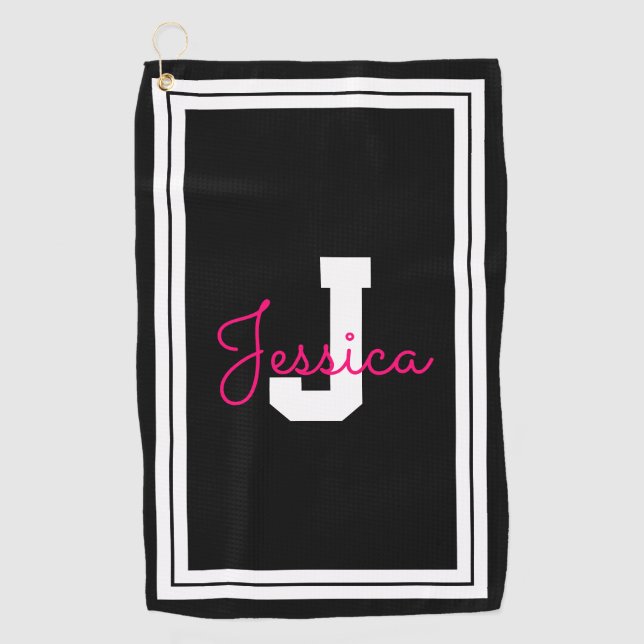 Serviette De Golf Nom et monogramme encadrés | Blanc noir et rose (Devant)