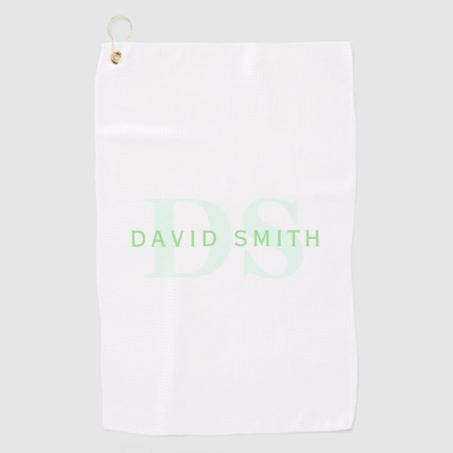 Serviette De Golf Nom et monogramme modernes | Vert et blanc (Devant)