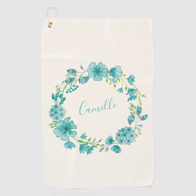 Serviette De Golf Nom personnalisé Blue Floral Golfer Bachelorette (Devant)