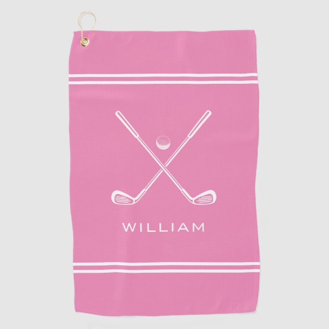 Serviette De Golf Nom personnalisé Pink Stripes élégant (Devant)