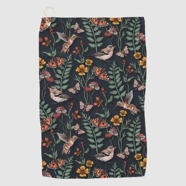 Serviette De Golf Oiseaux du jardin foncé et papillons (Devant)