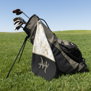 Serviette De Golf Or & Marbre blanc avec Monogramme noir Luxe