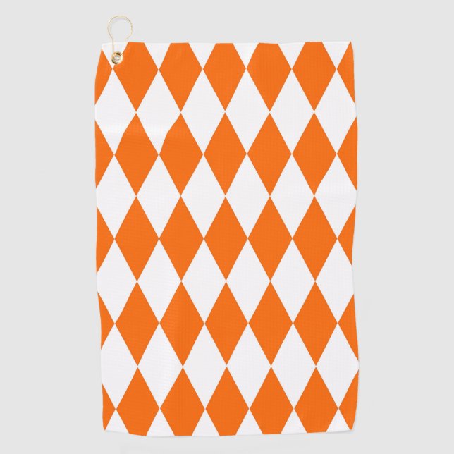 Serviette De Golf Orange blanc Arlequin Diamants Checkers Design (Devant)