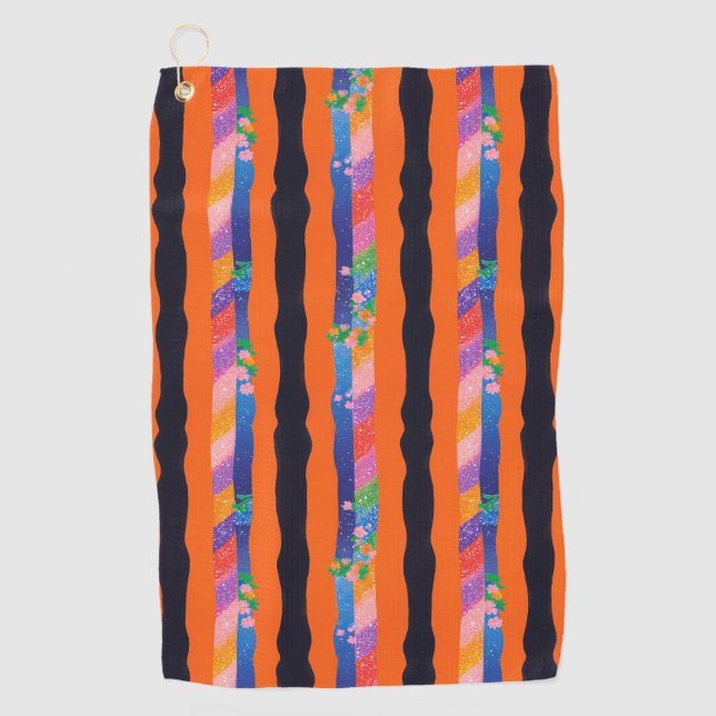 Serviette De Golf Orange Floral Wavy Stripe Pattern (Devant)