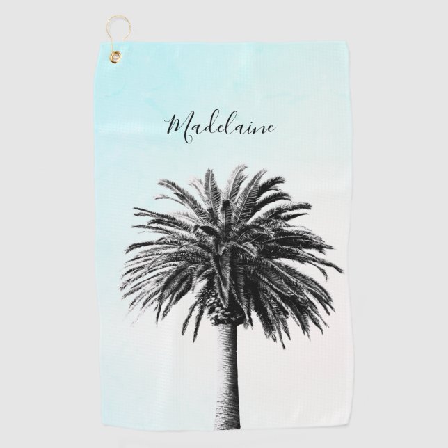 Serviette De Golf Palmier Noir Blanc Moderne Ciel Bleu Personnel (Devant)