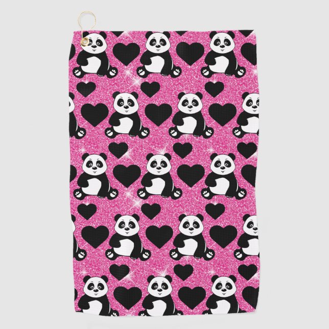 Serviette De Golf Panda Bear Amoureux des animaux Black Hearts Pink  (Devant)