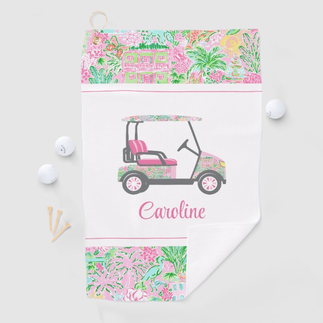 Serviette De Golf Panier de golf Pink & Green Palm Beach personnalis (En situation)