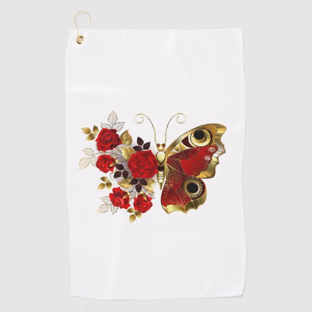 Serviette De Golf Papillon de fleurs rouges aux roses rouges (Devant)