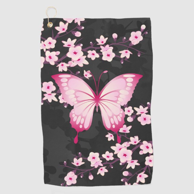 Serviette De Golf Papillon Noir Rose Et Fleurs De Cerisiers (Devant)