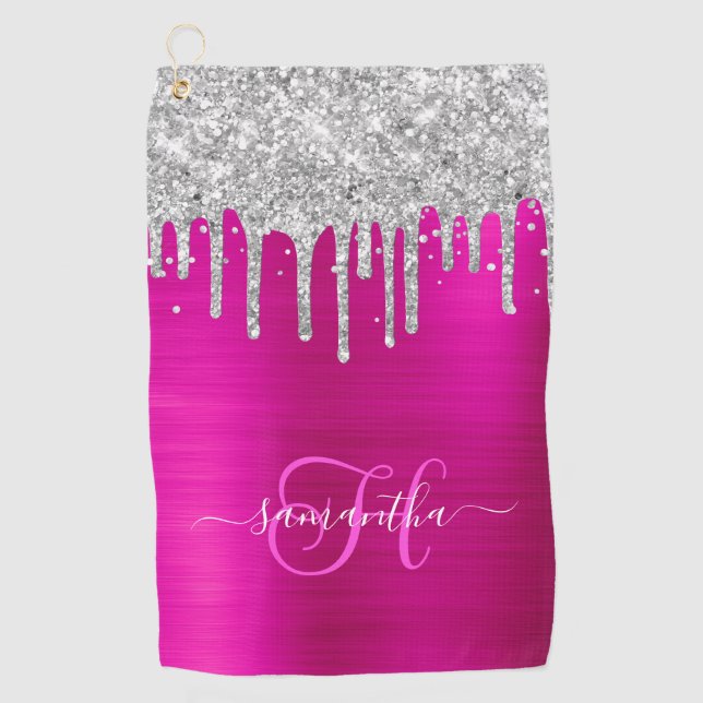 Serviette De Golf Parties scintillant de séchage monogramme rose et  (Devant)