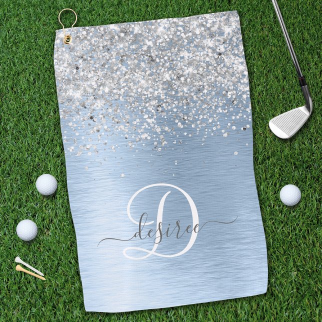 Serviette De Golf Parties scintillant en argent brossé bleu Nom du m (Créateur téléchargé)
