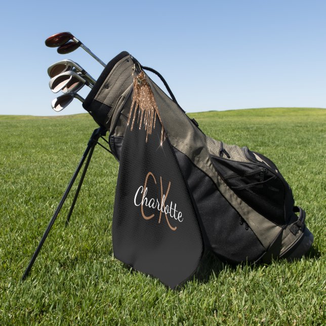 Serviette De Golf Parties scintillant en or noir goutte nom monogram (Vert)
