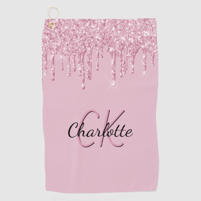 Serviette De Golf Parties scintillant rose goutte nom monogramme per (Devant)