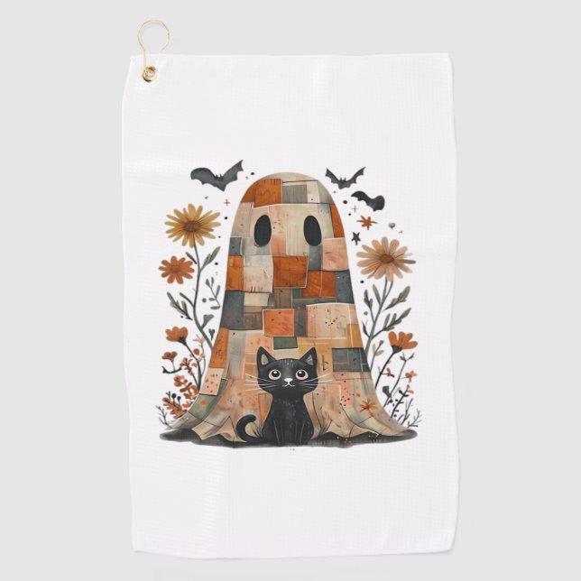 Serviette De Golf Patchwork Halloween Fantôme et chat, Retro Éffraya (Devant)