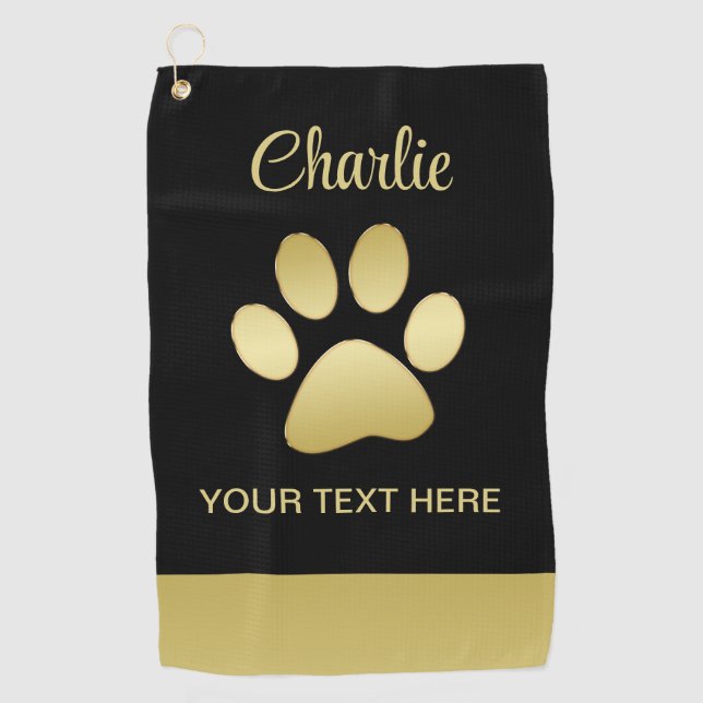 Serviette De Golf Paw chien brillant or sur arrière - plan noir (Devant)