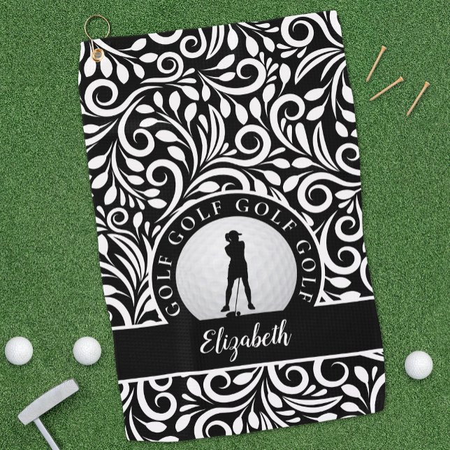 Serviette De Golf Personnalisé Golfer Silhouette Chic Motif Noir Bla (Créateur téléchargé)